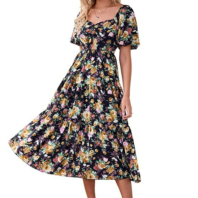 TIMIFIS Robes d'Été pour Femmes Robes d'Été Boho Décontractées Fluides Plage Col Carré Manches Courtes Bouffantes Dos Smocké Boho Floral Longue Maxi Robe pring