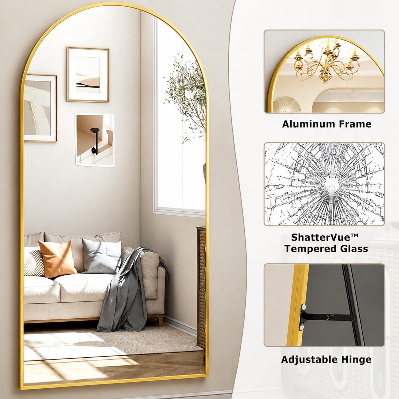 Mirrasia 76.3" x 34" Arched Full Length Mirror Full Body Oversize Mirror Wall Mounted, Gold