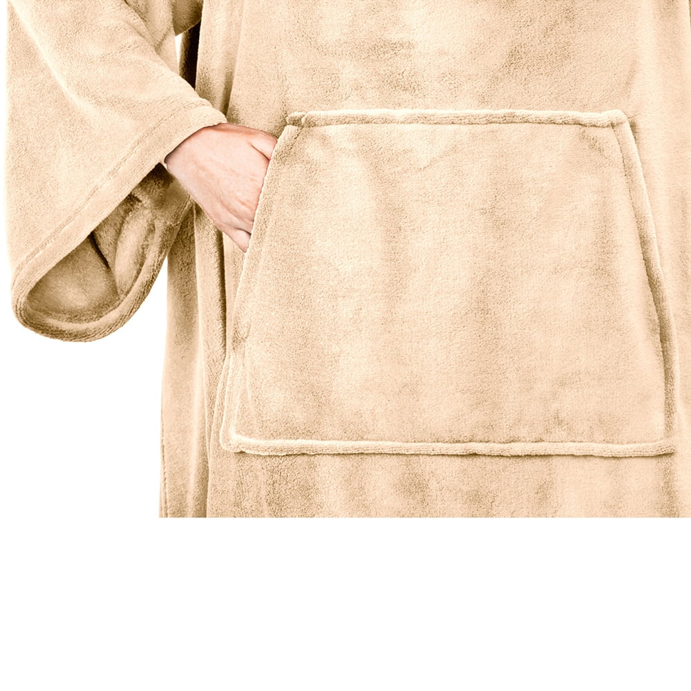 PAVILIA Beige Cream Fleece Wearable Blanket with Sleeves for Adults Women Men, Soft Warm Full Body Wrap Throw, Sweatshirt Pocket, Cozy Pullover Robe Blanket with Arm, Gifts for Christmas Mom Wife