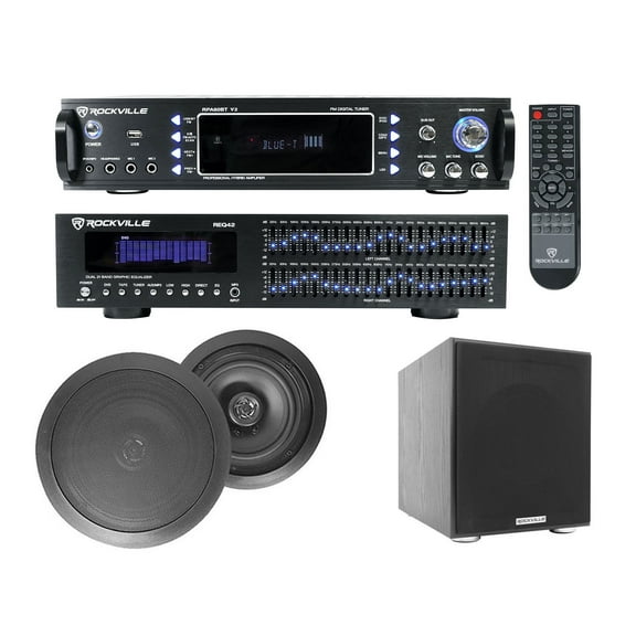 Home Theater Bluetooth Receiver EQ (2) Black Ceiling Speakers 8" Subwoofer