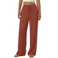thumbnail image 4 of Moxiu Wide Leg Lounge Pants Women Linen Pants Drawstring Palazzo Pant Elastic Waist Boho Beach Vacation Summer Travel Trousers Orange,XL, 4 of 9