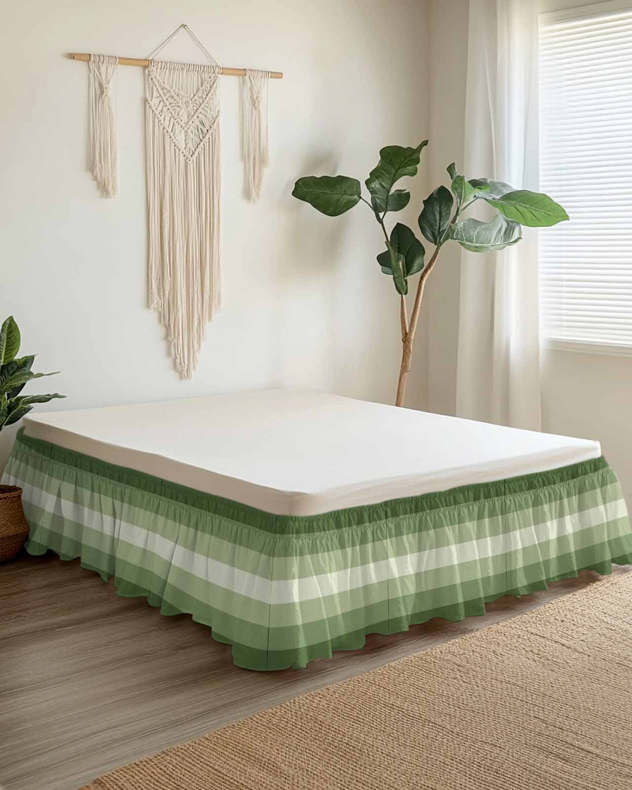 Sage Green Bed Skirt Queen Size 16" Drop Ombre Stripe Ruffled Wrap Around Bed Skirts Adjustable Elastic Bedskirt Dust Ruffle for Queen Size Bed
