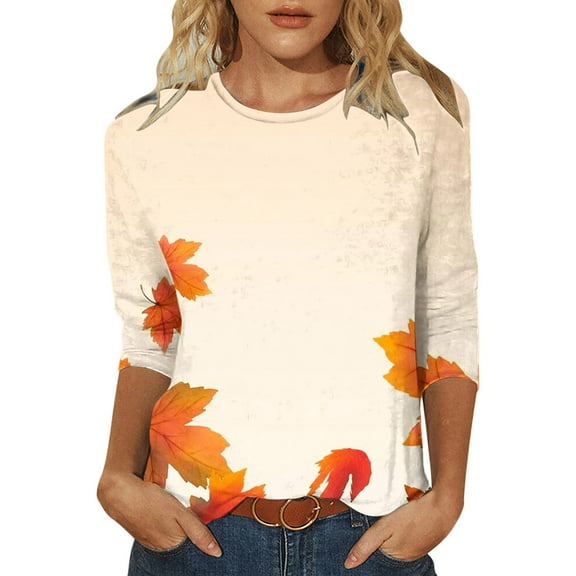 Fall Saving 2025 QUINDOS Womens Graphic Tee Shirts 3/4 Sleeve Ladies Tops Regular Fit Crew Neck Leaf Casual Beige Tops