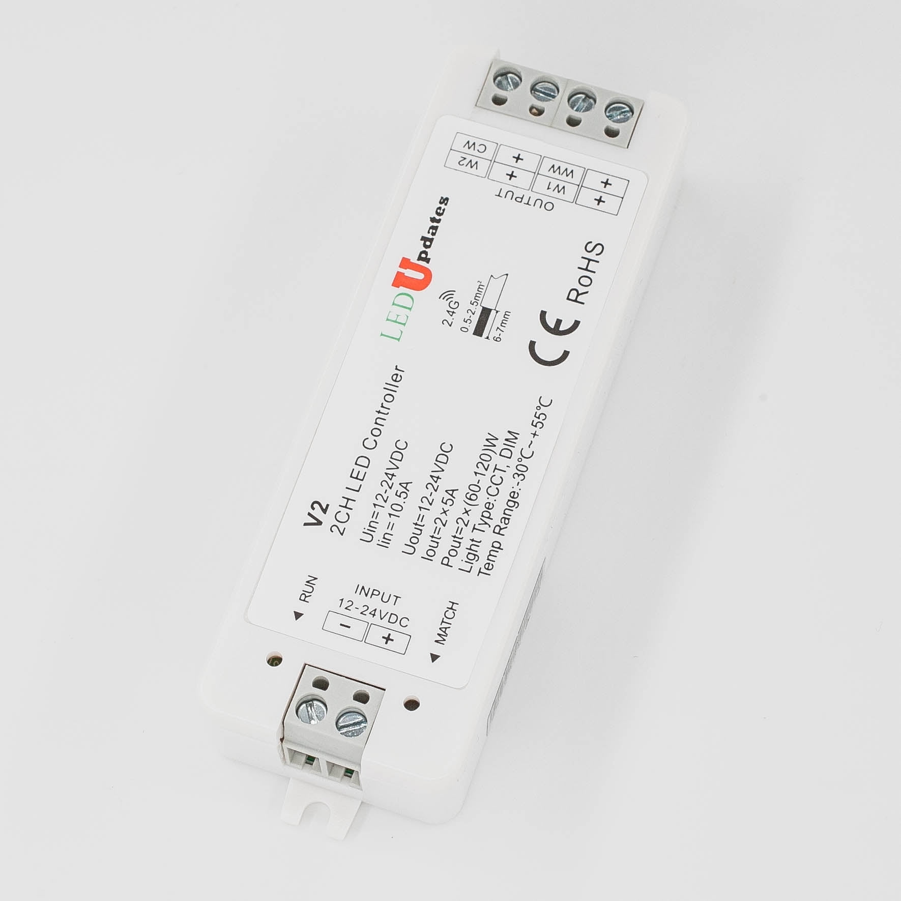 LEDUPDATES Warm White to Cool White LED Strip Light Dual White Controller with remote for Dual Color Temperature Changing 2700K to 6500K LED Strip Light 12v 24v CCT Controller