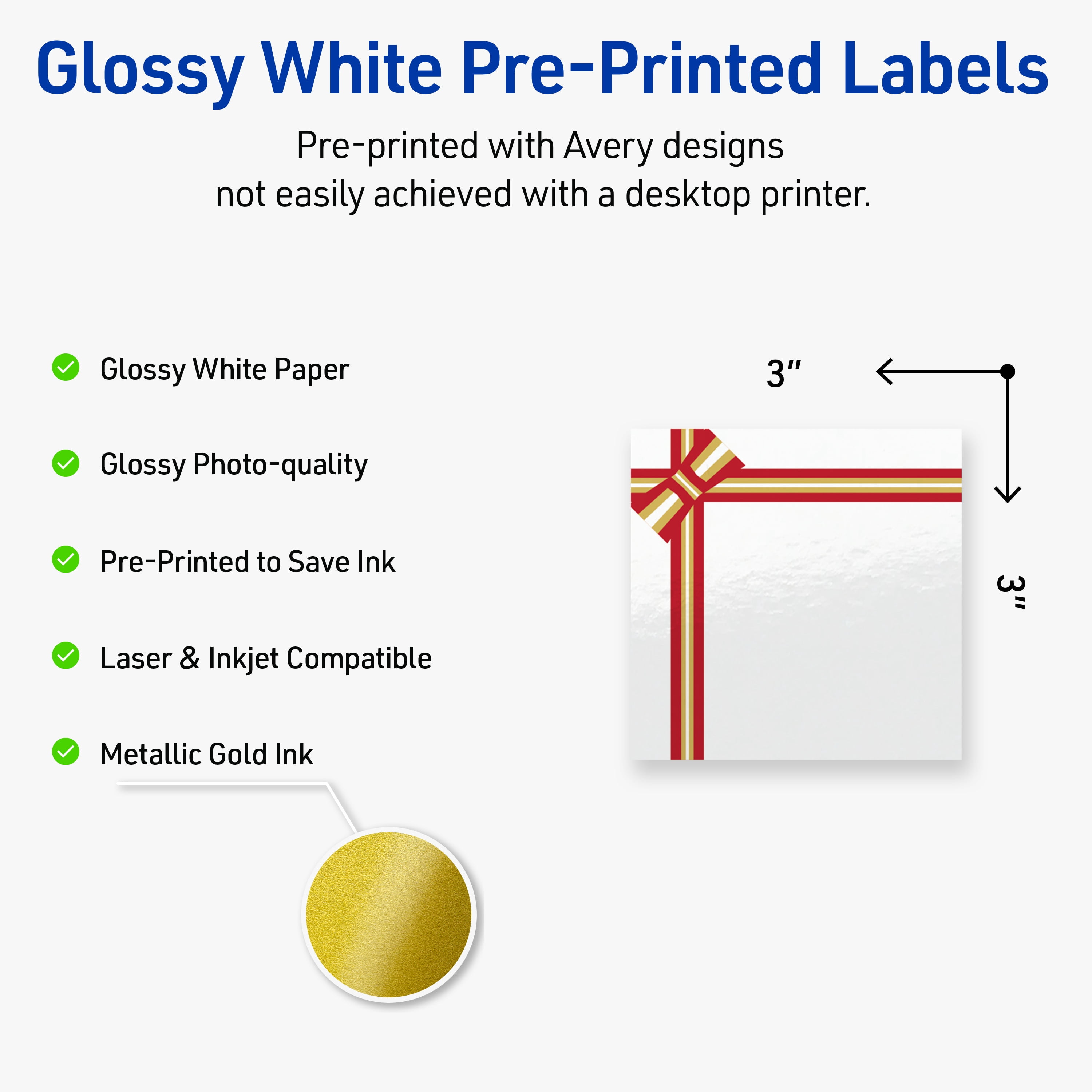 Avery Labels, 3" x 3", Gold-Red Gift Bow, Glossy, 60ct