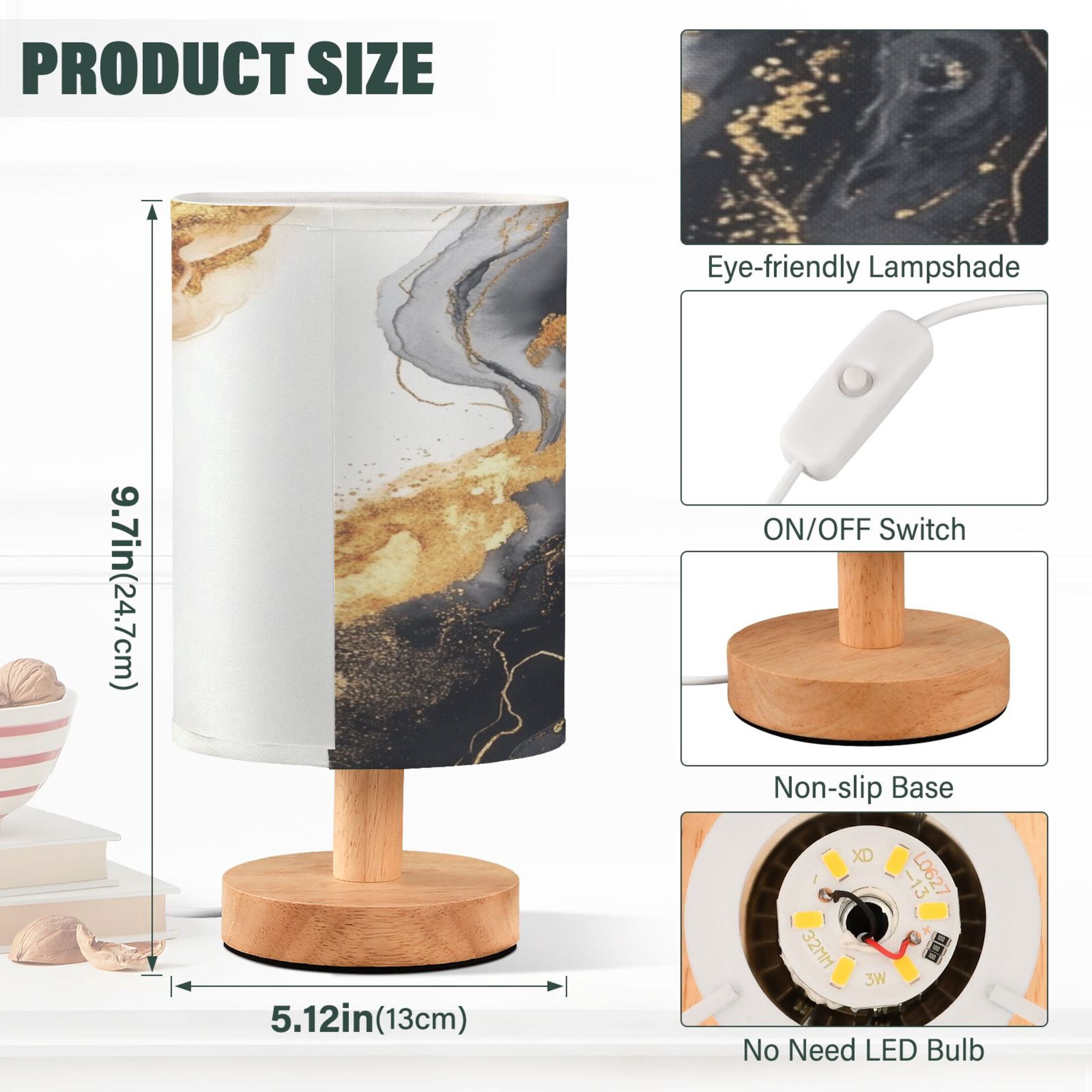 Desk Lamp Bedside Lamp 5.12x9.7In LED Lamp With USB Charging Interface For Bedroom Living Room Office Study Stylish Decoration Black Marble