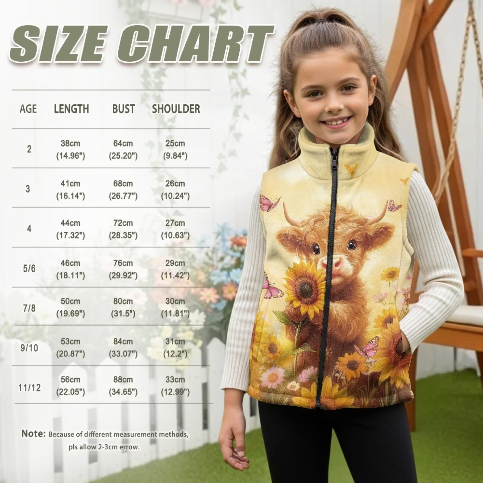 Uorisanigo Toddler Girls Boys Winter Fleece Vest Baby Highland Cow Sunflower Puffy Sleeveless Jacket with Pockets, Lightweight Full Zipper Outerwear Waistcoat for Fall Winter Layering