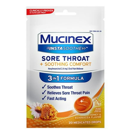 Mucinex InstaSoothe Sore Throat + Soothing Comfort Honey & Echinacea Flavor, Fast Acting, Powerful Sore Throat Oral Pain Reliever, 20 Medicated Drops