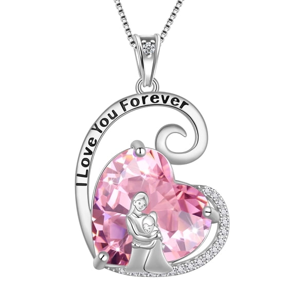 Juwaliy Collar Madre E Hija de Plata Esterlina 925 Corazón Rosa Turmalina Dije Piedra de Nacimiento de Octubre Joyería Mujer Regalo de Navidad Cumpleaños para Hija y Mamá