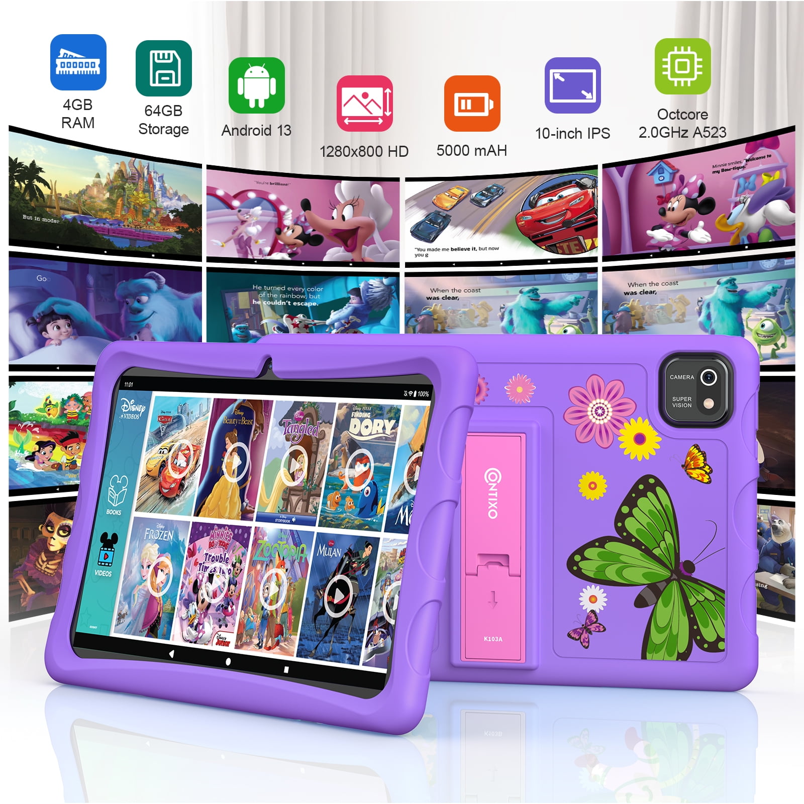 Contixo K102 Kids Tablets, Educational Tablets for Kids with eBooks, Tablet Case, and Kickstand, 10”, Purple