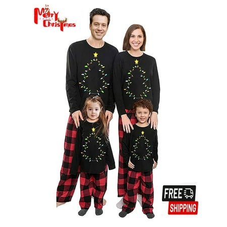 

Gueuusu Christmas Pajamas For Family Long Sleeve Tree Print Tops + Plaid Pants Pajamas Set