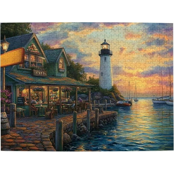 1000 Pieces Wooden Jigsaw Puzzle Adults Coastal Seaside Café Lighthouse at Sunset Ocean Harbor with Boats Dining View Stress Relief Brain Teaser Home Decor Unique Gift Adults Family Leisure Activity