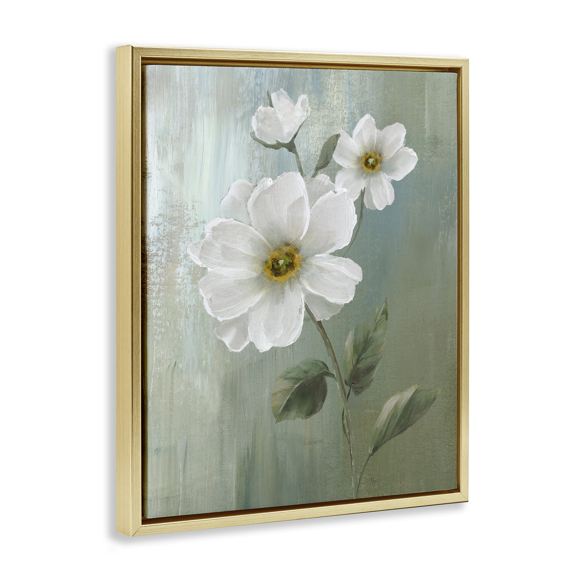 Stupell Industries Blooming White Blossoms Plants & Flowers Painting Gold Floater Framed Canvas Art Print Wall Art, 17 x 21
