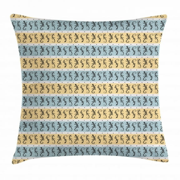 Gecko Throw Pillow Cushion Cover, Silhouettes of Lizards with Swirls and Dots on Horizontal Stripes, Decorative Square Accent Pillow Case, 18 X 18 Inches, Sand Brown Pale Blue Black, by Ambesonne