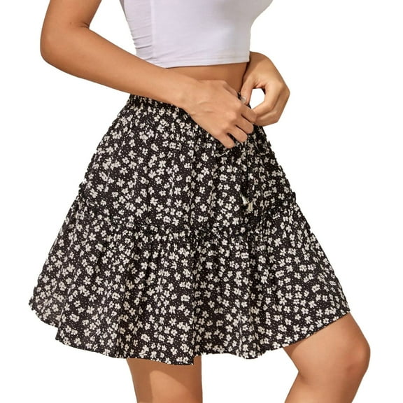 Women's Skirts Cute High Waist Ruffle Skirt Print Swing Beach Mini Skirt Womens Summer Clothes Black L