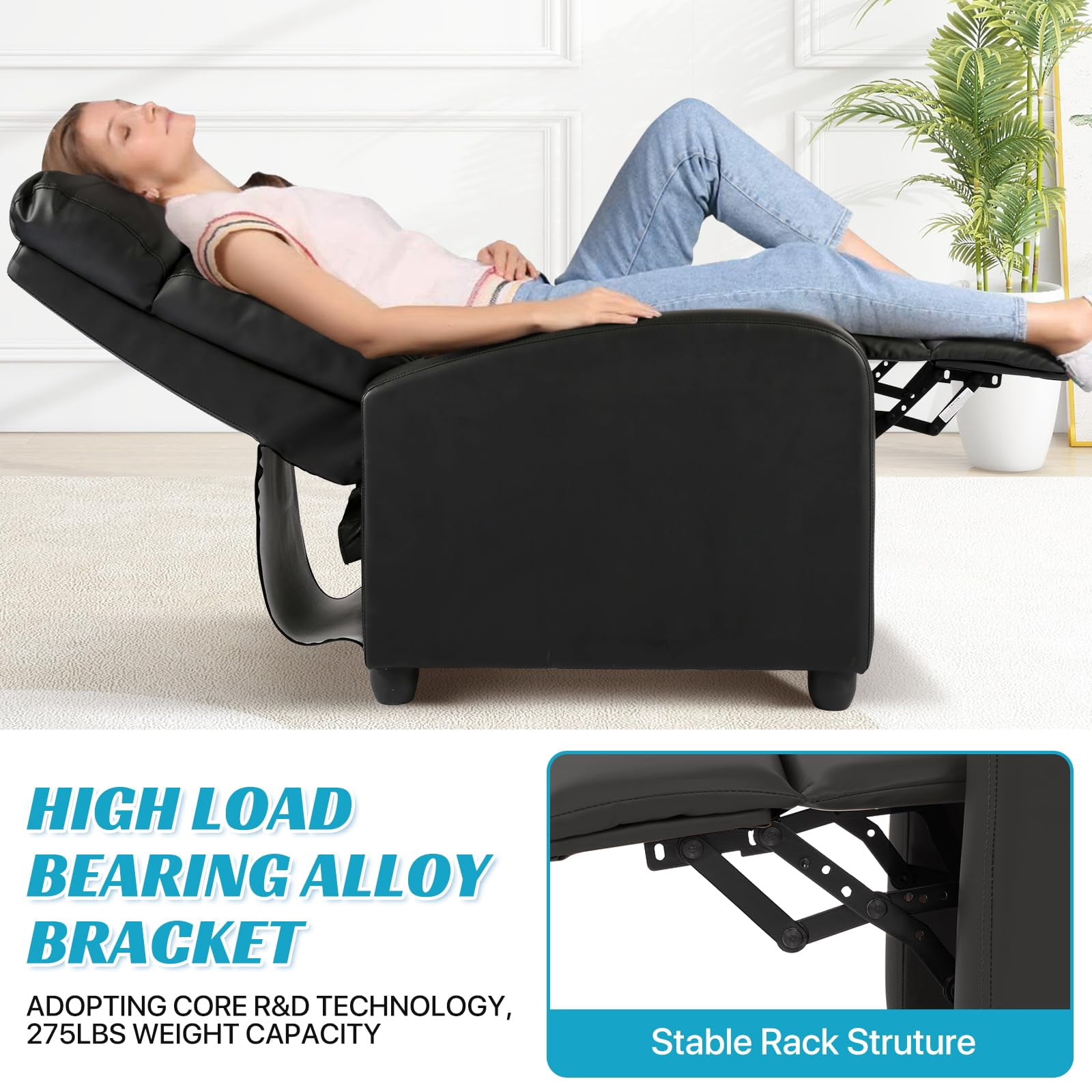 NiamVelo Recliner Chair for Adults, PU Leather Recliner Sofa with Lumbar Support, Adjustable Modern Reclining Chair with Padded Seat Backrest for Home, Living Room, Theater （Black）