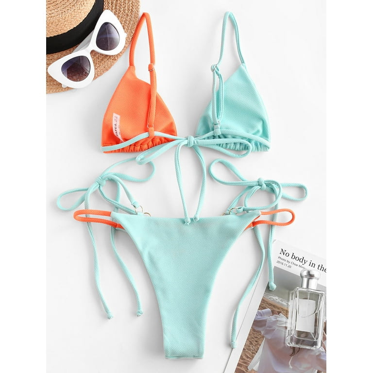 ZAFUL Women Swimsuit Two Tone Plunge Tie Side Bikini