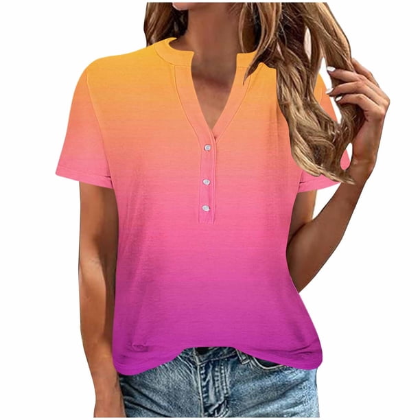 Camisetas de Verano para Mujeres Casual Camiseta con Cuello en V Botón Arriba Suelto, Camisetas de Mujer Casual para Primavera Verano