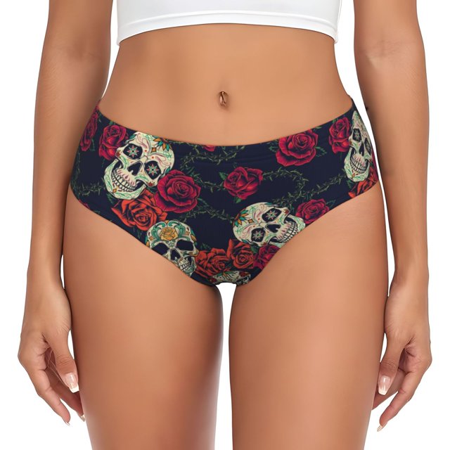 Balery Roses Skulls Ropa Interior de Algodón para Mujer con Dibujo – Braguitas Cómodas y Elásticas, Estilo Clásico-XX-Large