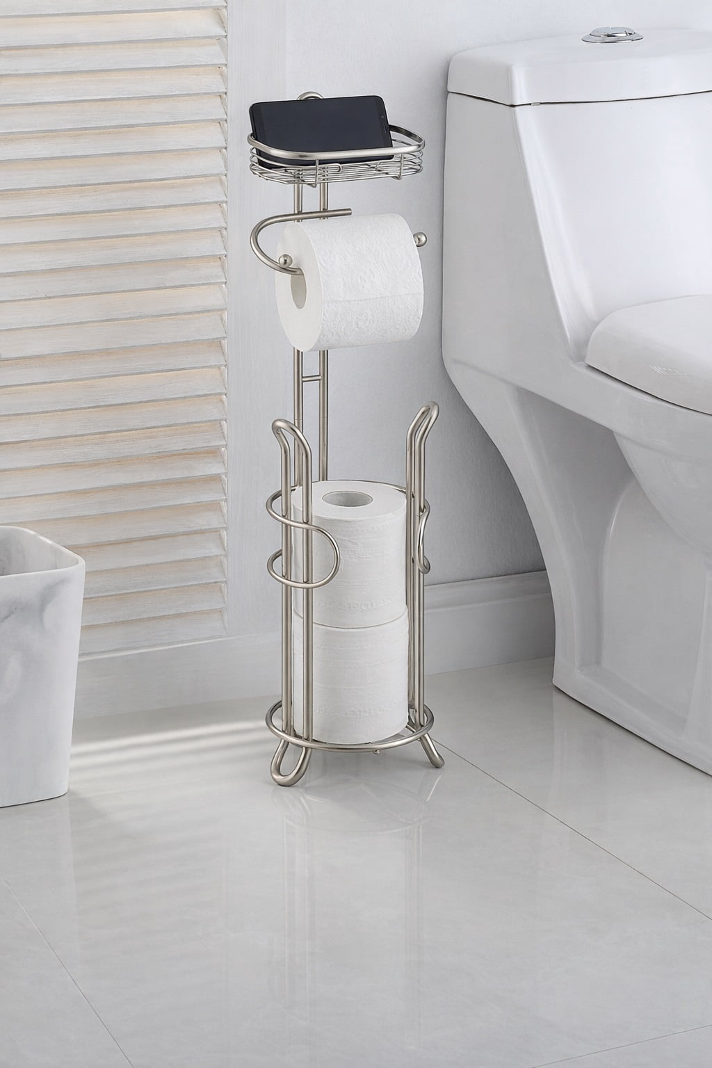 SunnyPoint Bathroom Heavyweight Toilet Tissue Paper Roll Storage Holder Stand with Reserve and Shelve, The Reserve Area Has Enough Space to Store Mega Rolls. (Satin Nickel)