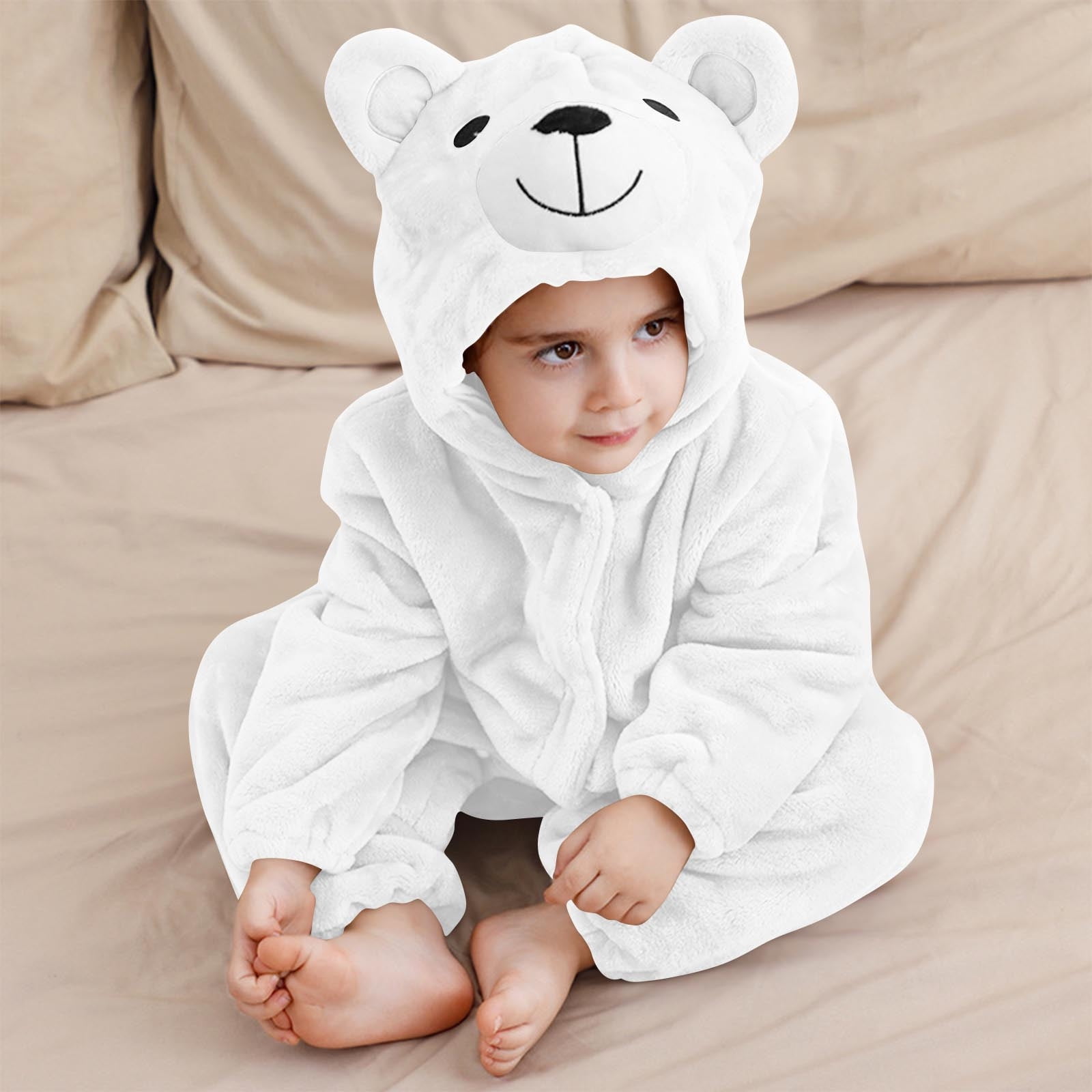 Paiwinds Girls' Fleece Hooded Jumpsuit Pajamas for Toddler & Kids (3M-6Y) Winter Warm Bear Costume One-Piece Sleepwear with Buttons, Soft Long Sleeve Romper for Home & Holiday