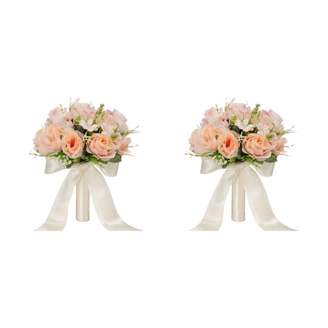 Yuarrent Ramos de flores artificiales elegantes y románticos para decoración de boda, ramo de novia, flores naturales naranja rosa 2piezas