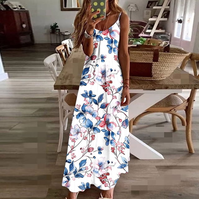 Ovzne Robes pour Femmes Robe de Plage Robes d'Été pour Femmes Imprimé Sans Manches Col Rond Robe Décontractée Longues Robes Robe de Printemps Imprimée Liquidation