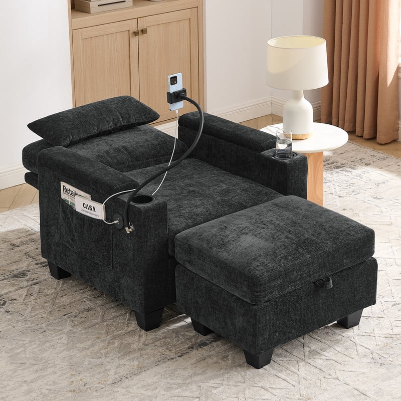 2PCS Single Sofa w/ Storage Ottoman Set, Chaise Lounge w/ Adjustable Backrest, Armchair Sleeper w/ Cup Holder & Phone Holder