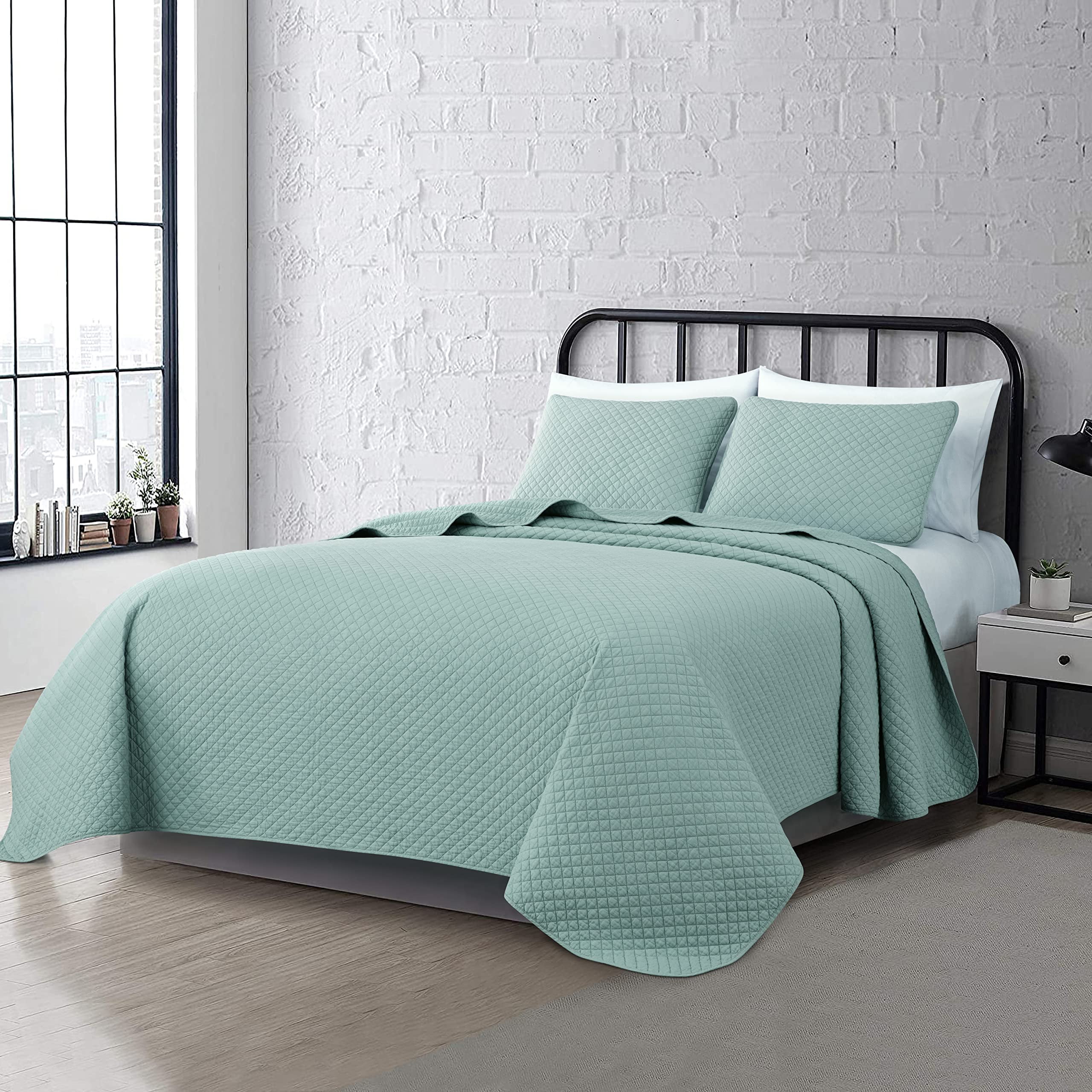 Chezmoi Collection Avon 3Piece 100 Cotton Quilt Set King Size, Aqua