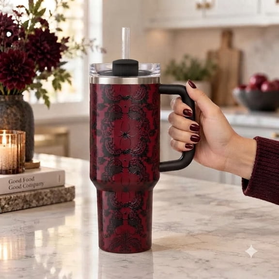 Red Black Ornate Scroll Lace Tumbler Accessories, Victorian Gothic 40oz Tumbler