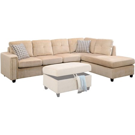 Beige Velvet L-Shaped Reversible Sectional Sofa by Acme Belville 52705-3pcs