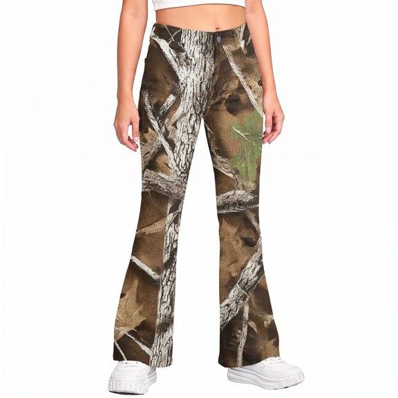 Grblisyd Girls Uniform Pants Kids Stretchy Elastic Waist Camo Maple Leaf Print Flare Pant with Pockets for 5-15 Years