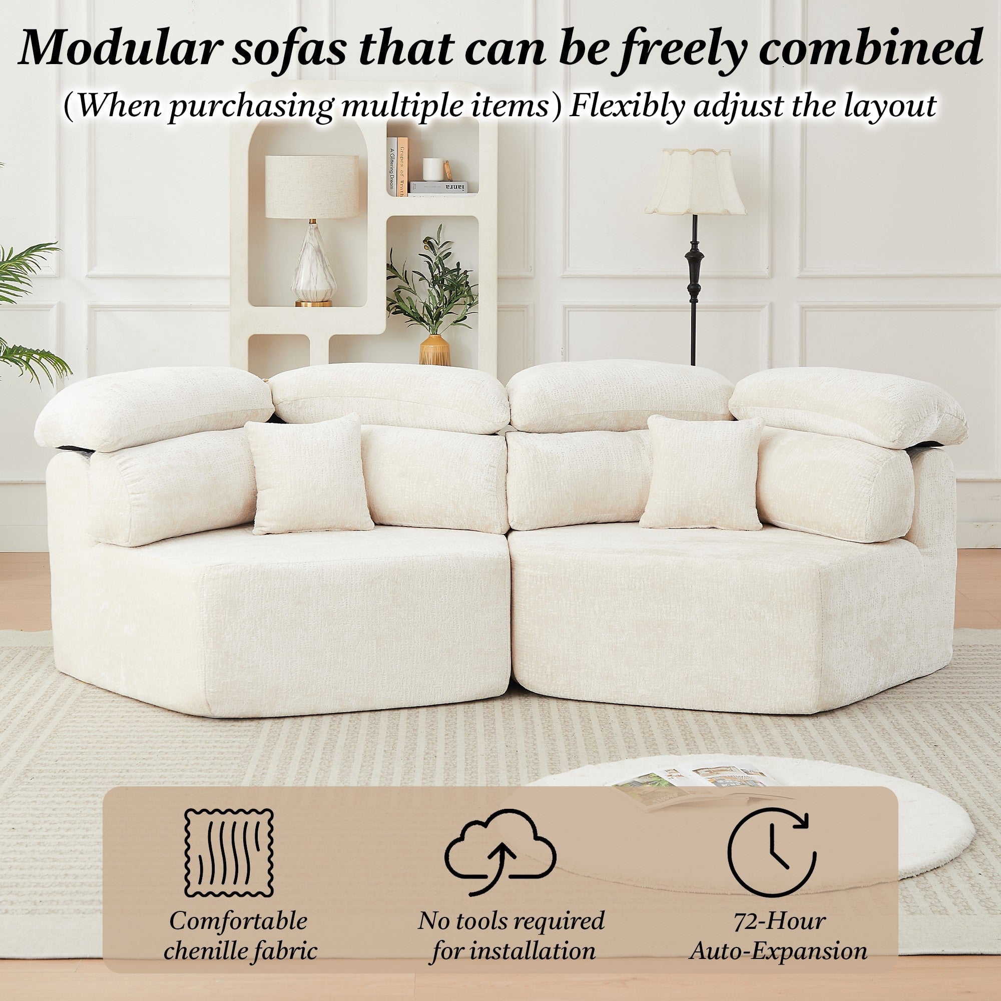 Sailvan 53" Modern Cream Modular Lounge Chair, Pentagonal Chenille Single Seater Cloud Sofa with Enveloping Pillows, Cozy Foam Armchair Beige