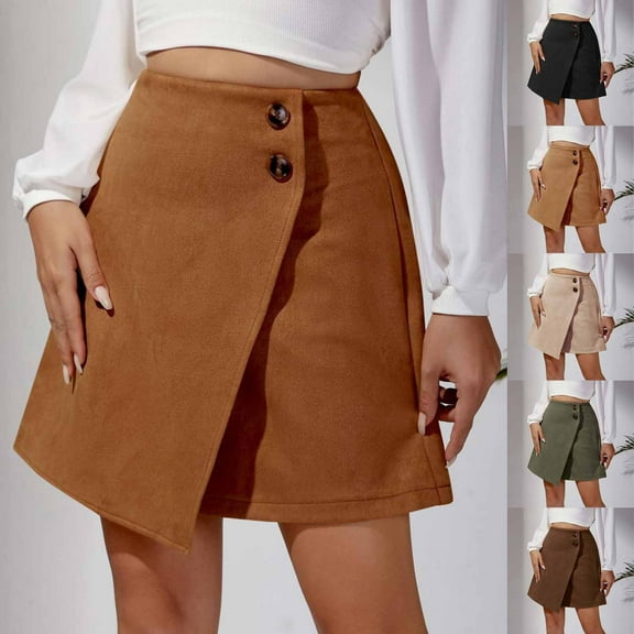 USSUMA Women'S Skirts Midi Skirt Solid Color High Waist Zipper Button Irregular Mid-Calf Skirt Casual Dresses Loose Dresses Business Up to 45% off Army Green Skirt for Women L