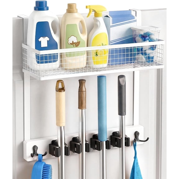 Over the Door Broom Holder with Cleaning Supply Organizer, Wooden Mop and Broom Holder Wall Mount, 4 Grips, 2 Hooks, No-Drill Storage Rack, Mop Hanger for Laundry Room, Garage, Storage