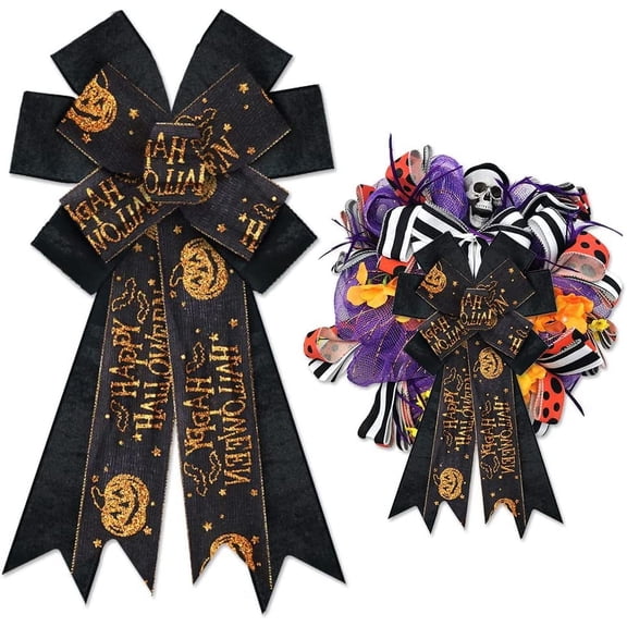 Hsomely Large Halloween Bows for Wreath, Black Velvet Orange Glitter Pumpkin Bat Star Bows for Front Door Indoor Outdoor Decor