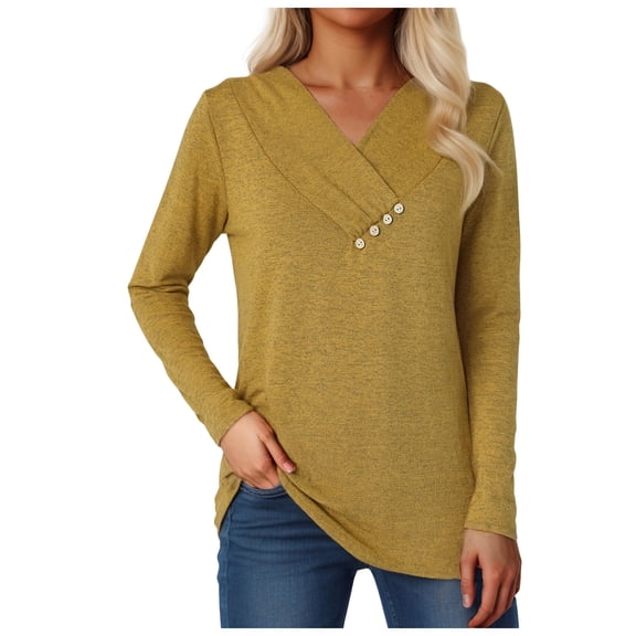 felwors Women Long Sleeve Tunic Tops for Leggings V Neck Button Loose T Shirts 2025 Fall Casual Blouse Sweatshirt Yellow, M