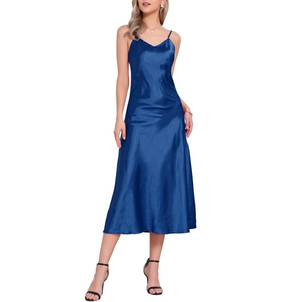 CURVOSPORT Vestido de Satén para Mujer con Tirantes Espagueti, Escote en V, Elegante, Maxi, Deslizante, Color Azul Real