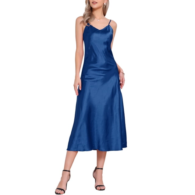 CURVOSPORT Vestido de Satén para Mujer con Tirantes Espagueti, Escote en V, Elegante, Maxi, Deslizante, 2XL, Azul Real