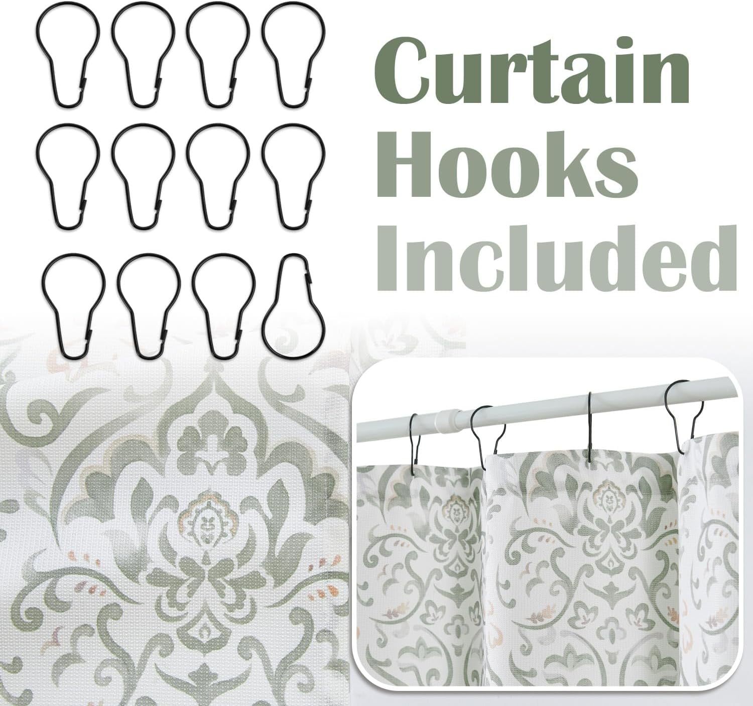 Green Grey Floral Shower Curtain, Medallion Damask Farmhouse Shower Curtains for Bathroom, Watercolor Retro Vintage Pattern Waterproof Fabric Shower Curtain, Bath Decor with Hooks 70x72 Inch