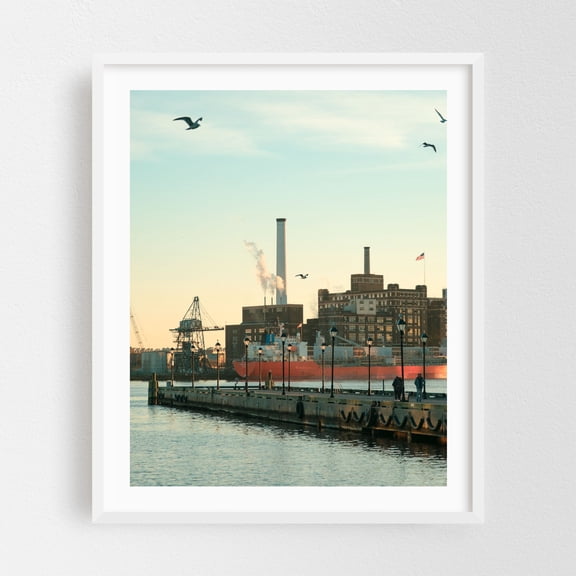 Evening in Fells Point, Baltimore - Baltimore Maryland Photography Harbor Cityscape Boat Seaside Bird Nautical White Framed Wall Art Print 8 x 10 inches