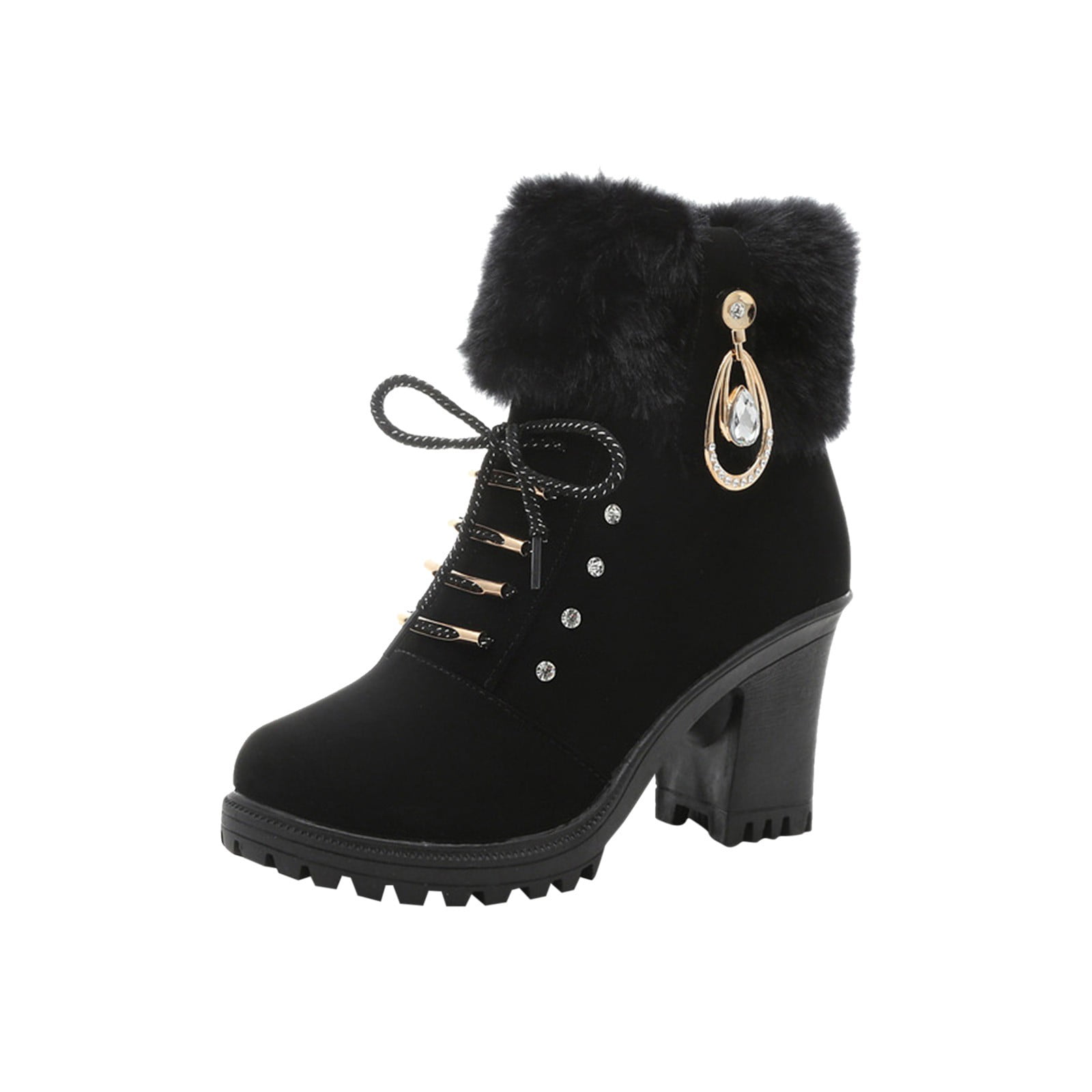 Xzngl Womens Shoes Round Toe Solid Color Lace Up Side Zip Fashion High Heels Winter Plush Warm Ankle Boots Black
