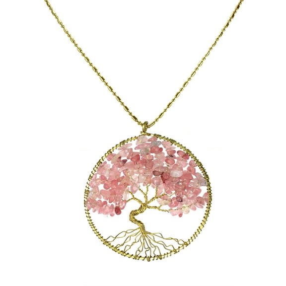 Colored Pink Glass Eternal Tree of Life Brass Long Necklace