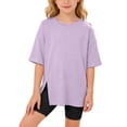 thumbnail image 2 of ZHOGXU Kids Girls T Shirt Short Sleeve Round Neck Solid Color Split Hem Fashion Soft Breathable Tee For Casual Daily Wear,Light Purple,13-14 Years, 2 of 4