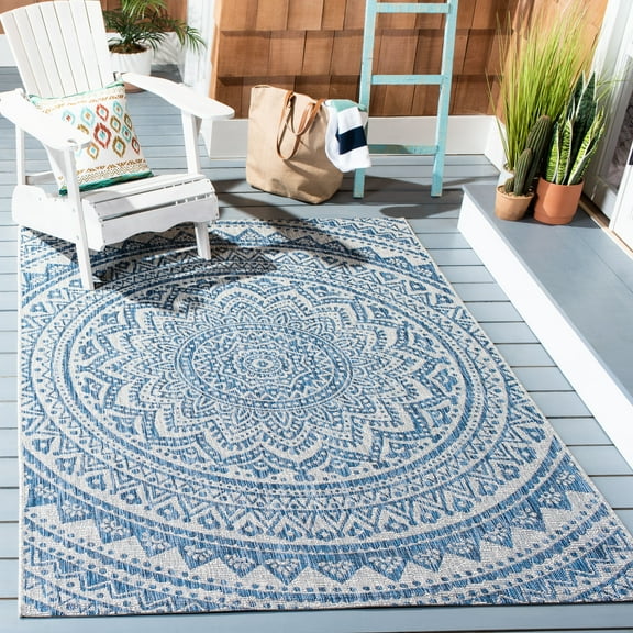 SAFAVIEH Courtyard Circin Medallion Indoor/Outdoor Area Rug, Grey/Blue, 5'3" x 7'6"