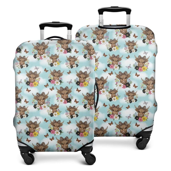 Blue Highland Cow Flower Butterfly Pattern Luggage Cover Fashion Suitcase Cover Baggage Covers Fit 25-28 Inch Luggage (Go Travel)