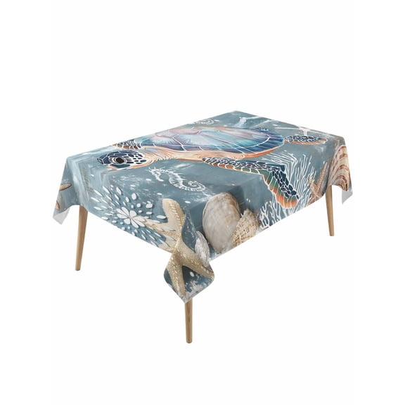 Blue Turtle Coastal Rectangle Tablecloth, Summer Beach Nautical Starfish Coral Waterproof & StainResistant Tablecloth, Washable Oil-proof Table Cover for Dining/Party/Wedding/Camping/Buffet 54x108 In
