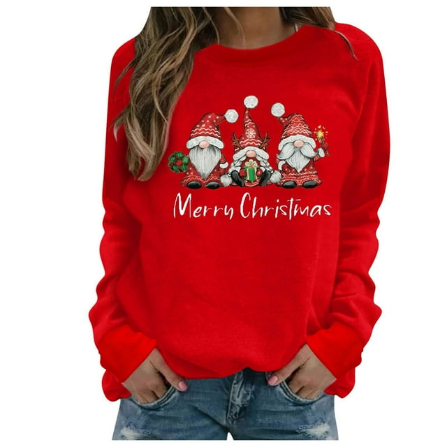 jsaierl Chandails en Molleton de Noël pour Femmes Manches Longues Gnomes Graphiques Haut Drôle Col Rond Chandail Graphique pour Femmes Mode 2024