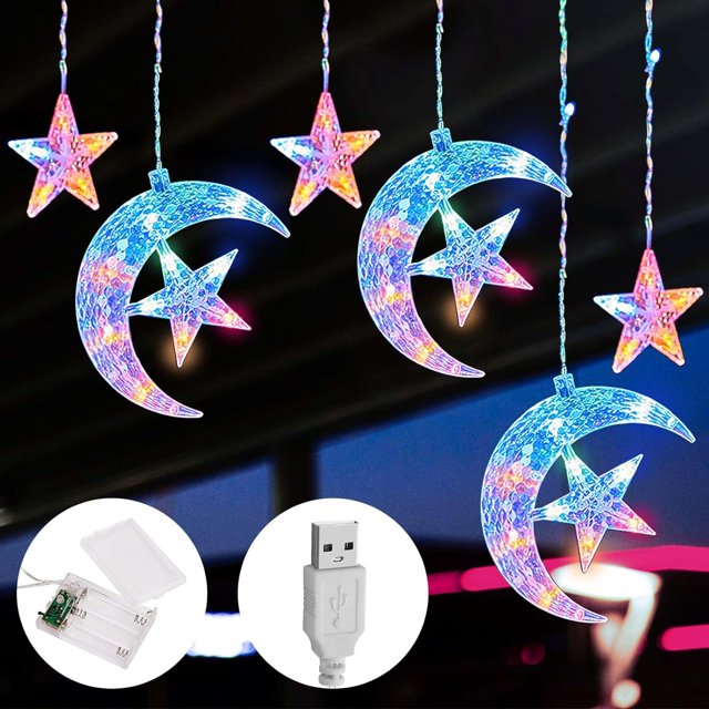 138 LED Star Moon Curtain String Lights, USB Powered Fairy Lights Strings with Flash and Constant Mode Light, Waterproof Twinkle Light for Window Wedding Party Bedroom Indoor Outdoor Decor