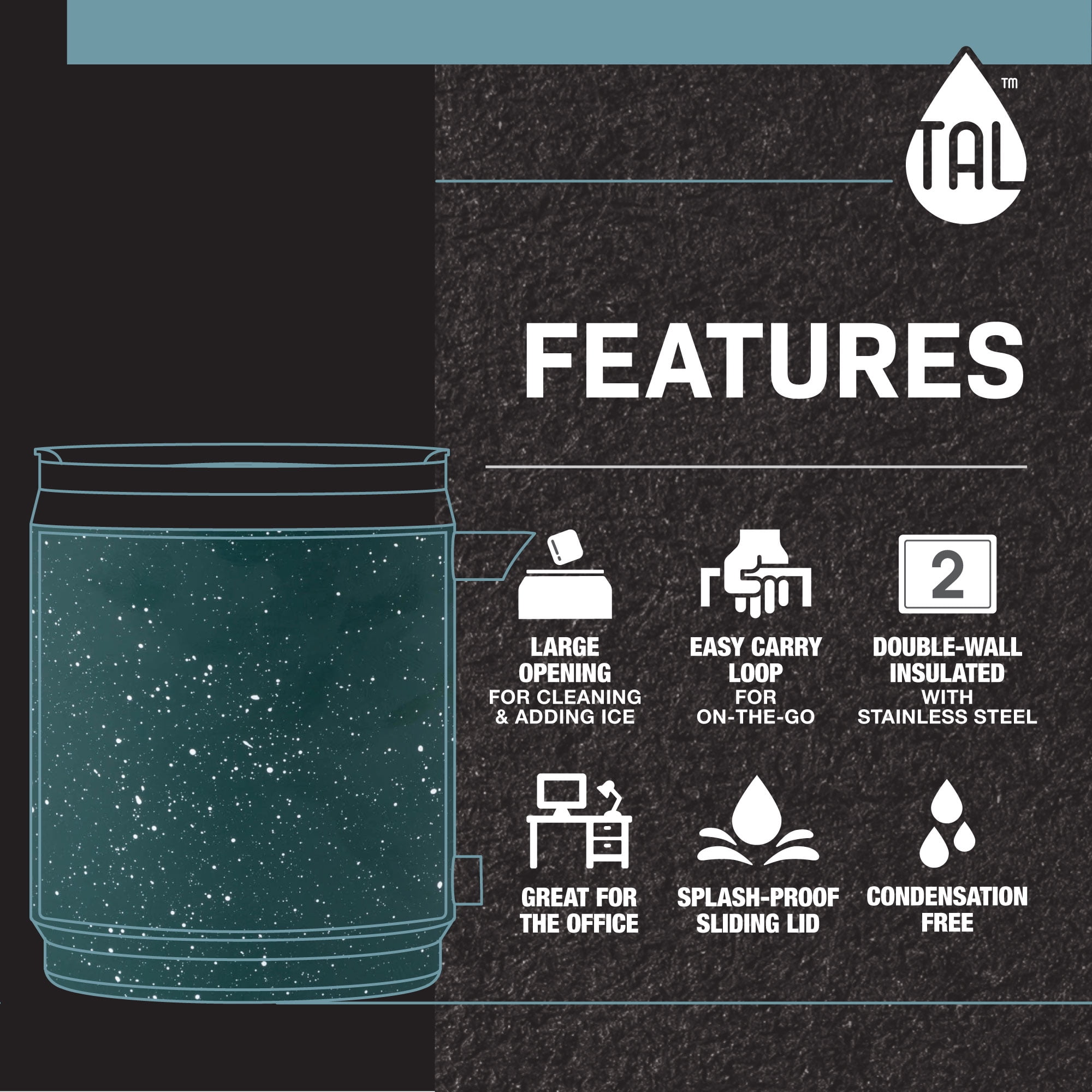TAL Stainless Steel Boulder Coffee Mug 14oz, Teal Speckled